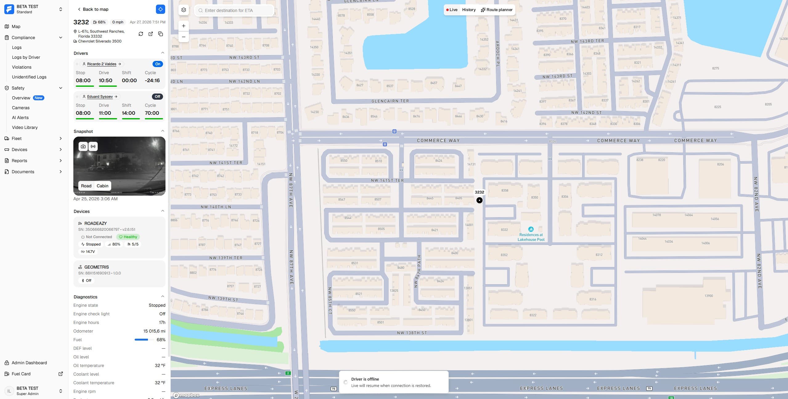 Live map showing tracked vehicles and their current status