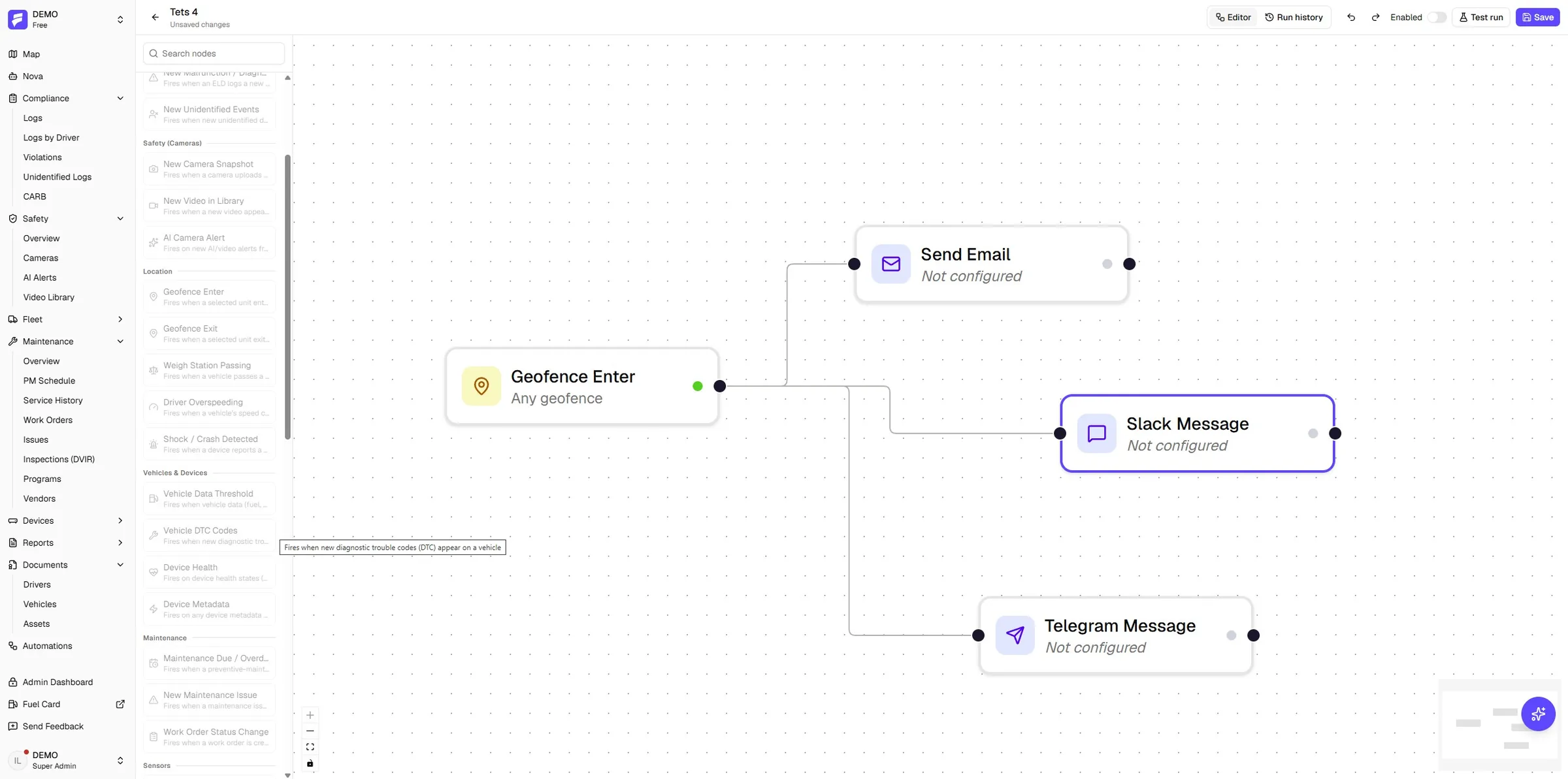 Automation builder canvas wiring a geofence enter trigger to email, Slack and Telegram actions