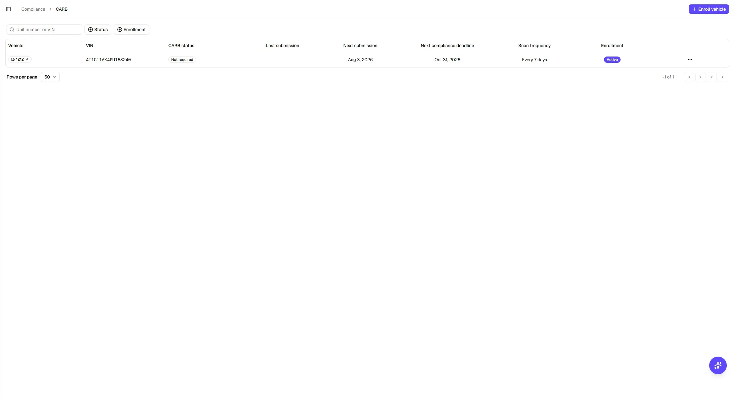 CARB Clean Truck Check register with VIN, CARB status, next submission, compliance deadline and enrollment state