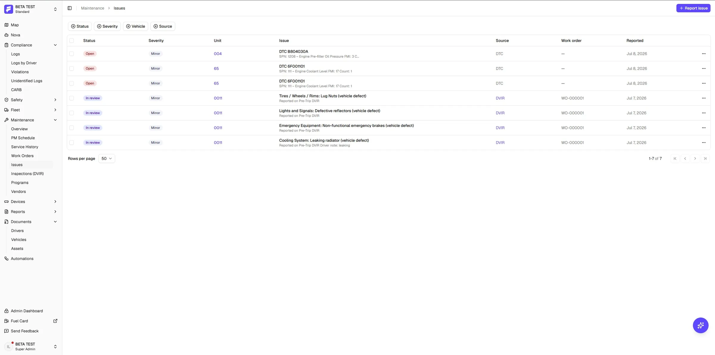 Issue list combining DTC fault codes and DVIR defects with severity, unit and linked work order