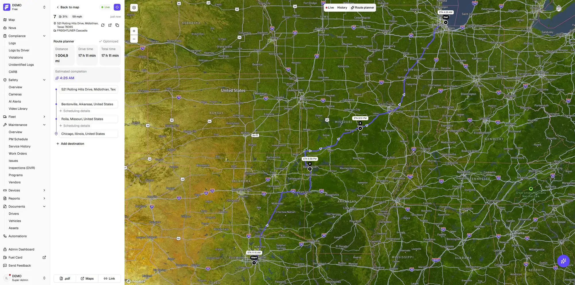 Optimized multi-stop route from Texas to Chicago with distance, drive time and estimated completion