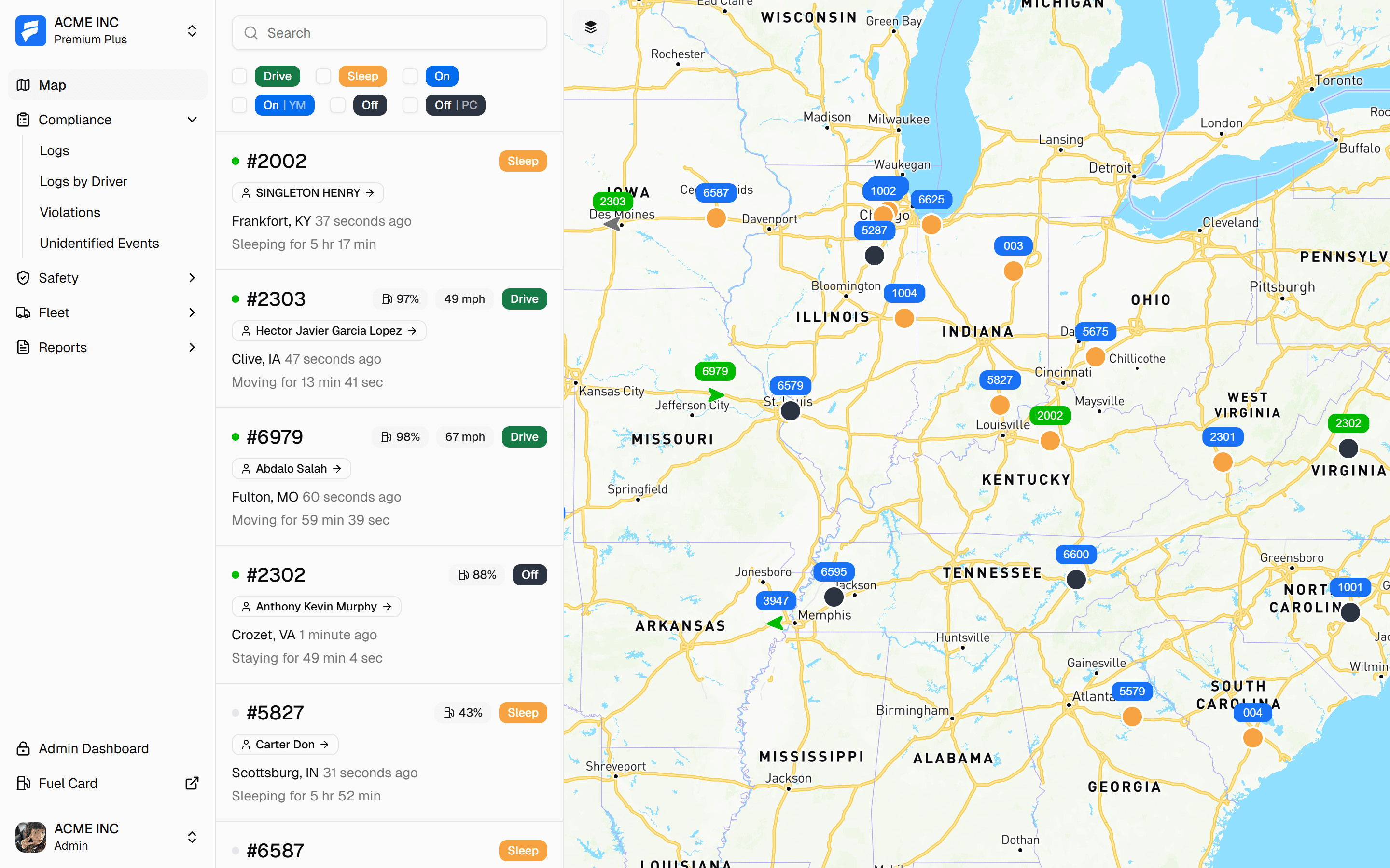 Flevio dashboard: live vehicle locations, driver status and hours of service