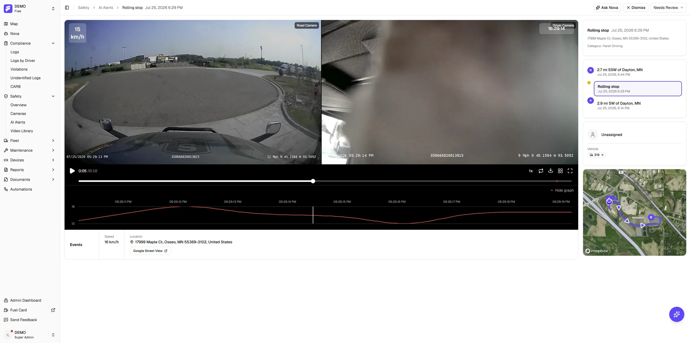 AI alert review with synced road and driver camera footage, a speed graph and the event location on a map